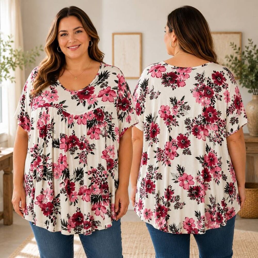 Tencede 2XL Floral Babydoll Tunic Top Pink White